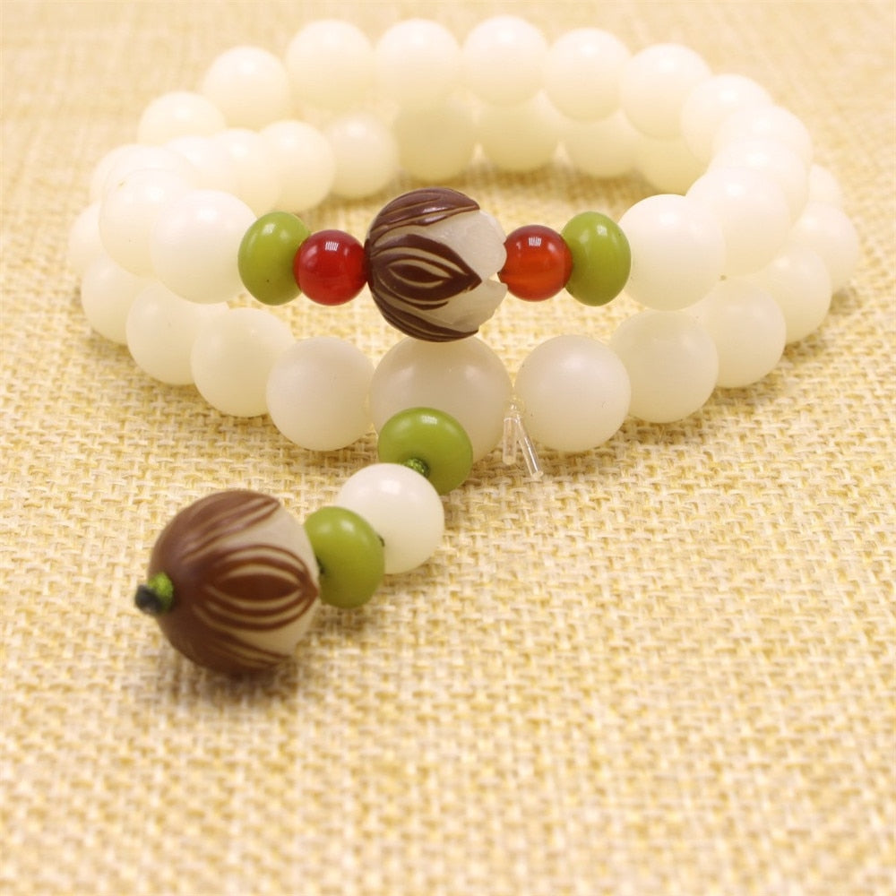 Original Design Natural White Bodhi Root Beads Bracelet Lotus 108 Lotus Mala Healing Prayer Bracelet for Women Jewelry Gift